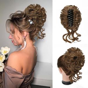 Claw Clip Messy Bun Hair Pieces for Women Messy Wavy Curly Hair Bun Extensions Tousled Updo Bun Hair Clip in Synthetic Hair Bun Ponytail Extension(Medium Golden Brown)