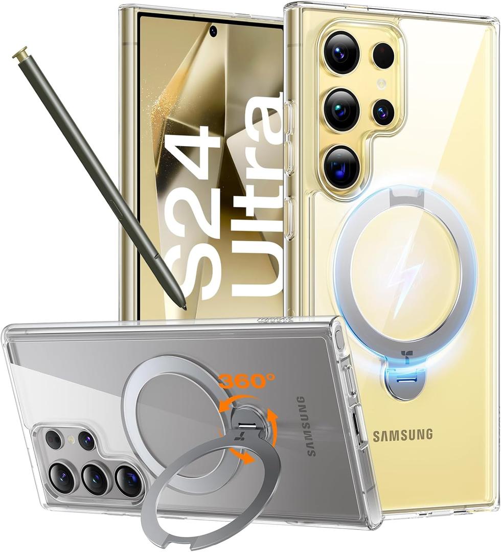 TORRAS 360 Spin Magnetic Stand for Samsung Galaxy S24 Ultra Case, Fit for Magsafe, Hard PC S24 Ultra Phone Case with Kickstand & Ring Holder, Transparent Clear