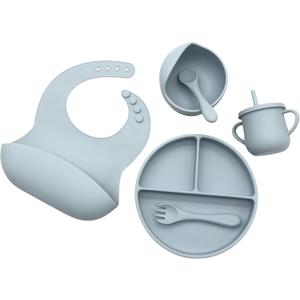 Premium Baby Dinnerware Set | Silicone Baby Feeding Set | Dishwasher Safe | Safe & Easy to Clean | Includes Suction Bowl, Divided Plate, Sippy Cup & Utensil Set | BPA Free | (Blue) (Blue)