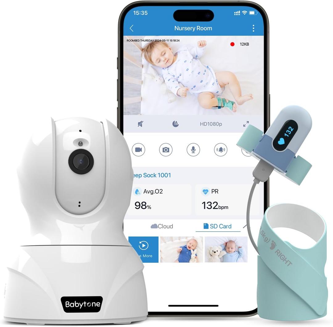 Babytone Baby Monitor - Smart Sleep Sock & 2.5K HD Camera, Track Heart Rate and Movement, Cry/Motion Detect, Two-Way Audio and Night Vision Baby Monitor with APP
