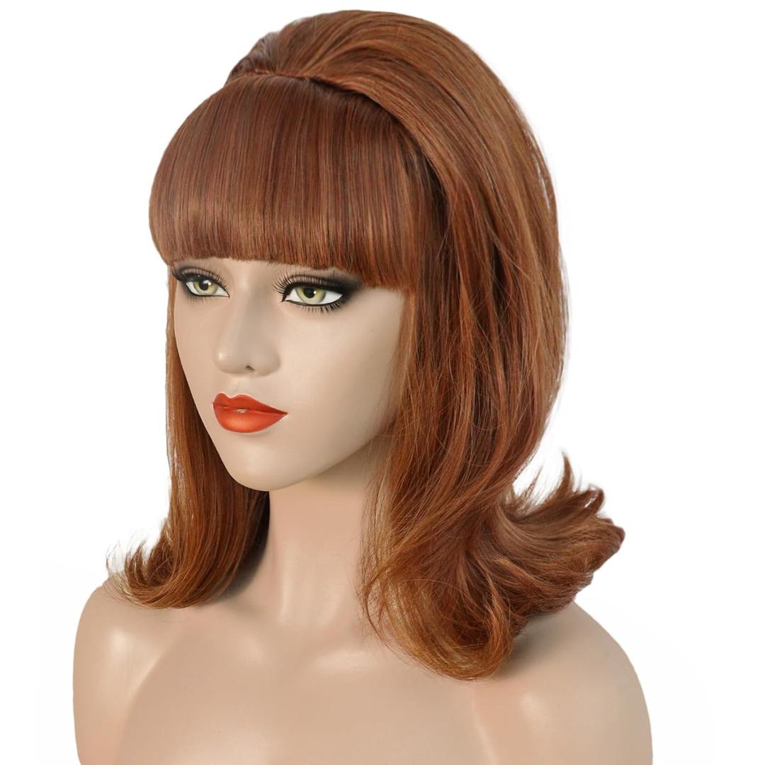 ANOGOL Hair Cap+ Light Brown Wig Ginger Flip-ended Wig Housewife Updo Wigs for Women 50s 60s 70s Cosplay Retro Beehive Style Wavy Brown Wigs for Women Halloween Party Costume