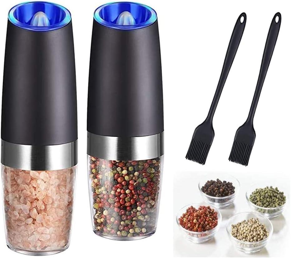 Gravity Electric Salt and Pepper Grinder Set, Battery Operated, Automatic Salt and Pepper Mills with Blue Light(Black, 2pcs/Pack), Adjustable Coarseness,One Handed Operation,Cleaning Brush