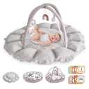 5-in-1 Convertible Baby Play Gym with 6 Toys, Tummy Time Mat for Sensory Development, Baby Activity Center from Newborn to Toddler, Ball Pit, Cat & Dog Bed, Soft Plush Pet Bed, No Ball Included (Grey)