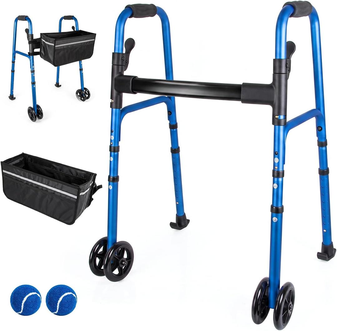 Walkers for Seniors & Adults, Folding Mobility Frame with 2 Skis, Dual 5 Inch Wheels, 2 Precut Tennis Balls & Basket with Reflective Strips, Lightweight Adjustable Height, Compact Design, Blue