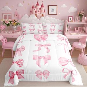 Erosebridal Dreamy Coquette Bow Comforter Set Twin Size,Fantasy Coquette Bowknot Bedding for Kids Girls Teens,Trendy Pink Bow Bed Sets for Preppy Princess Fashion Modern Aesthetic Girly Cute Quilt (Coral Pink White)