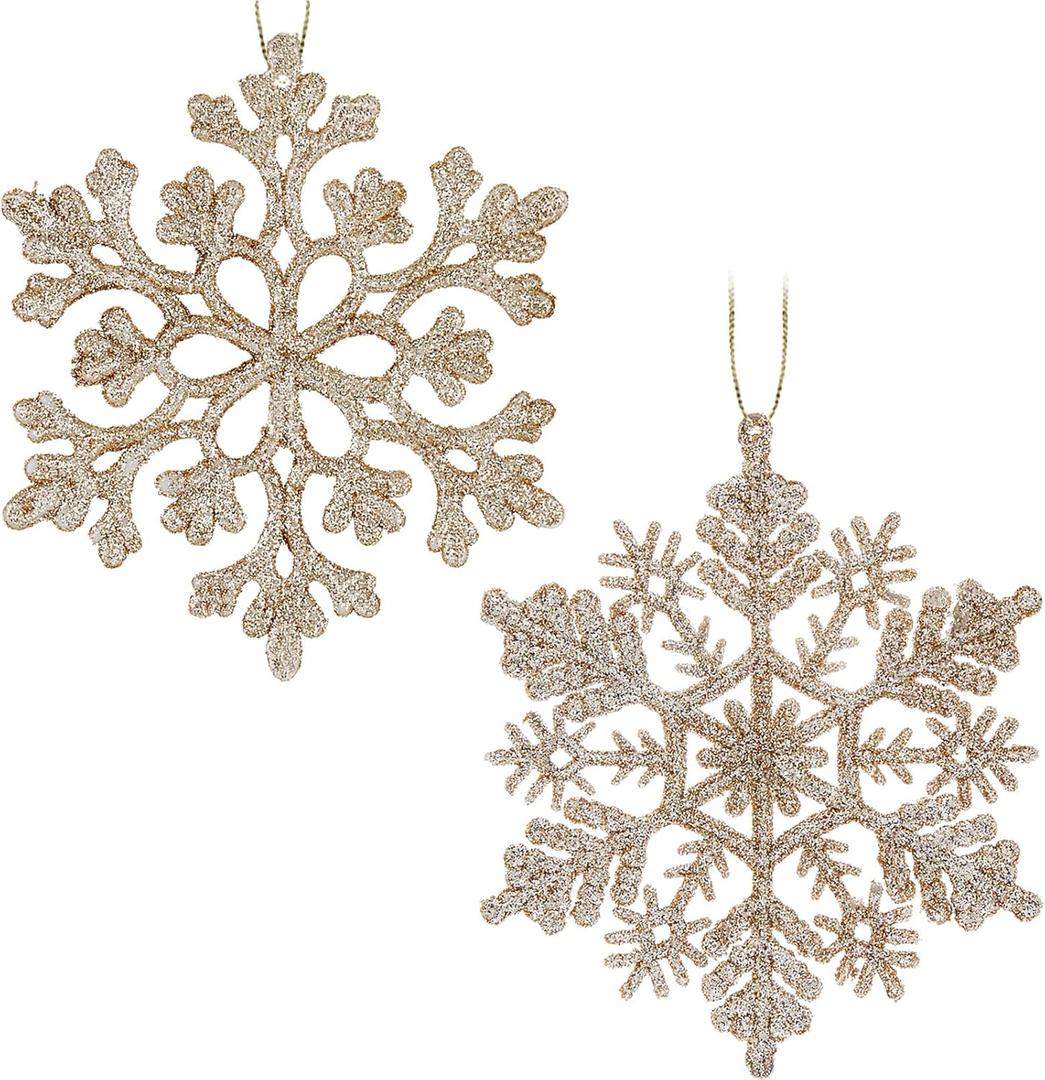 30PCS Christmas Glitter Snowflake Ornaments Plastic Snowflakes Ornaments-Xmas Tree Decorations,4.7-inch (Champagne Gold)