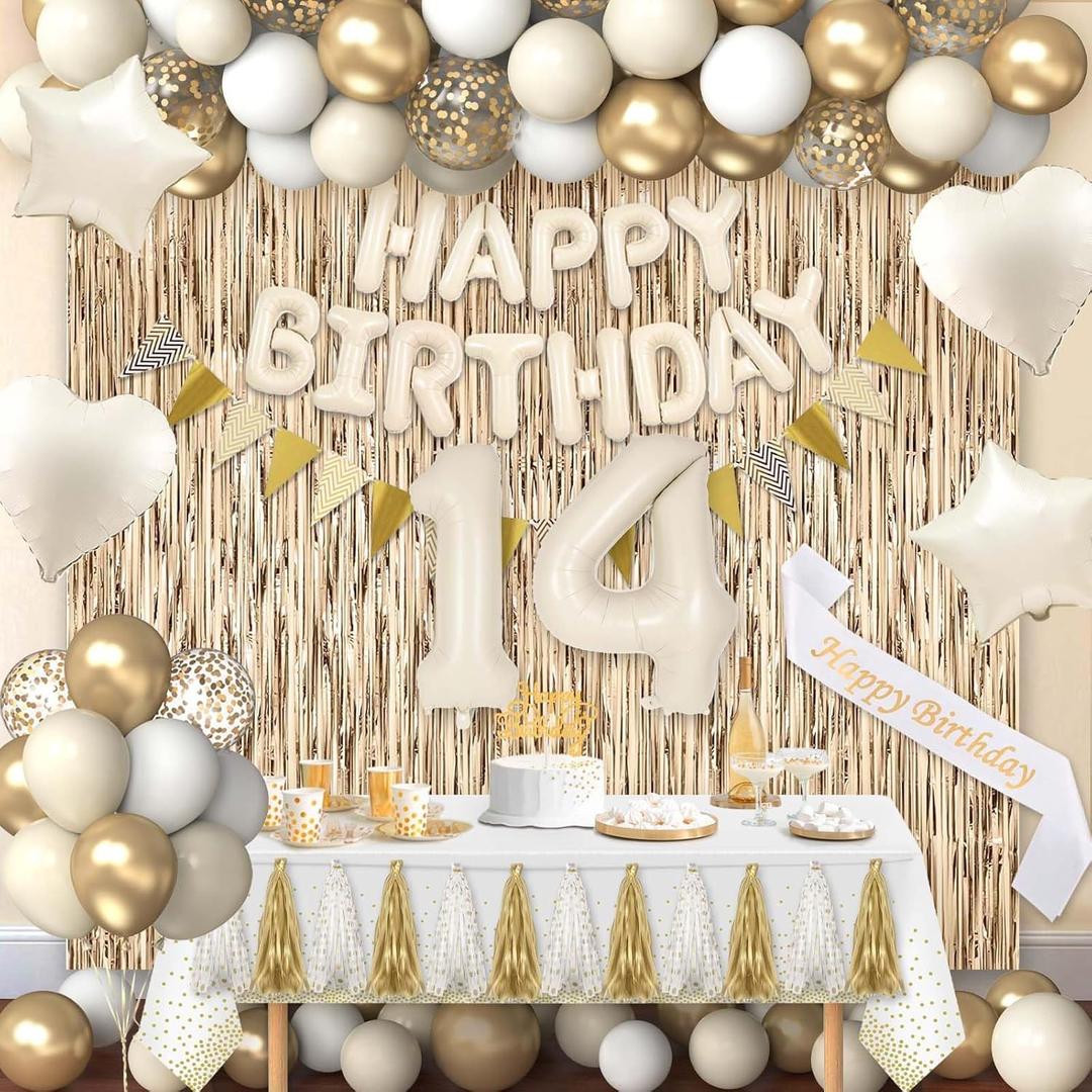14th Birthday Decorations for Girls, White and Gold 14 Boho Birthday Party Supplies Includes Number Balloons, Banner, Fringe Curtain, Cake Topper