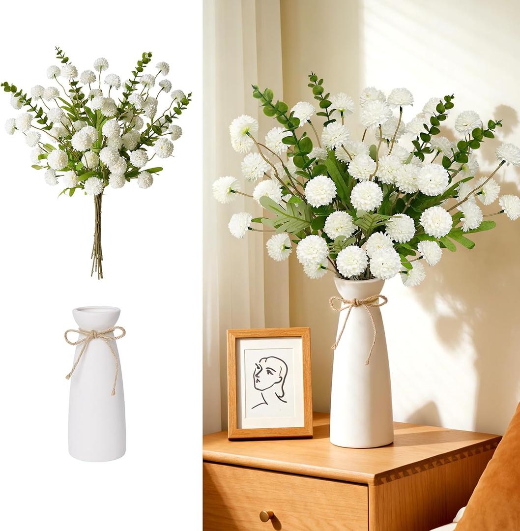 12pcs White Artificial Flowers with White Ceramic Vase Included,Faux Flowers for Vase,Table Centerpieces for Dining Room Eucalyptus Faux Chrysanthemum Mums Silk Flowers Floral Arrangements Home Decor