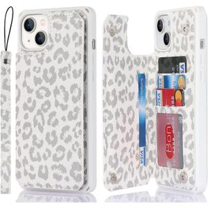 Cavor for iPhone 13 Case with Card Holder, for iPhone 13 Wallet Case for Women Men, Stand and Strap,Leopard Grain Shockproof Protective-White