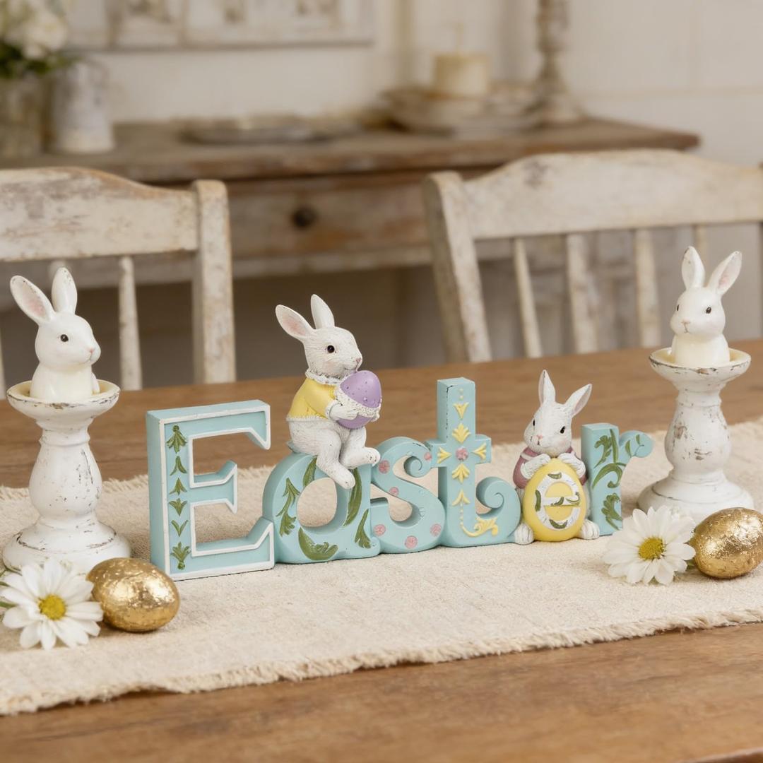 Easter Tabletop Decoration Figurine Centerpiece - Spring Bunny Decor Hand Painted Green Easter Word with 2 Rabbit Easter Decorations for The Home Farmhouse Party 11.75*2.75*5.75 in Newman House Studio
