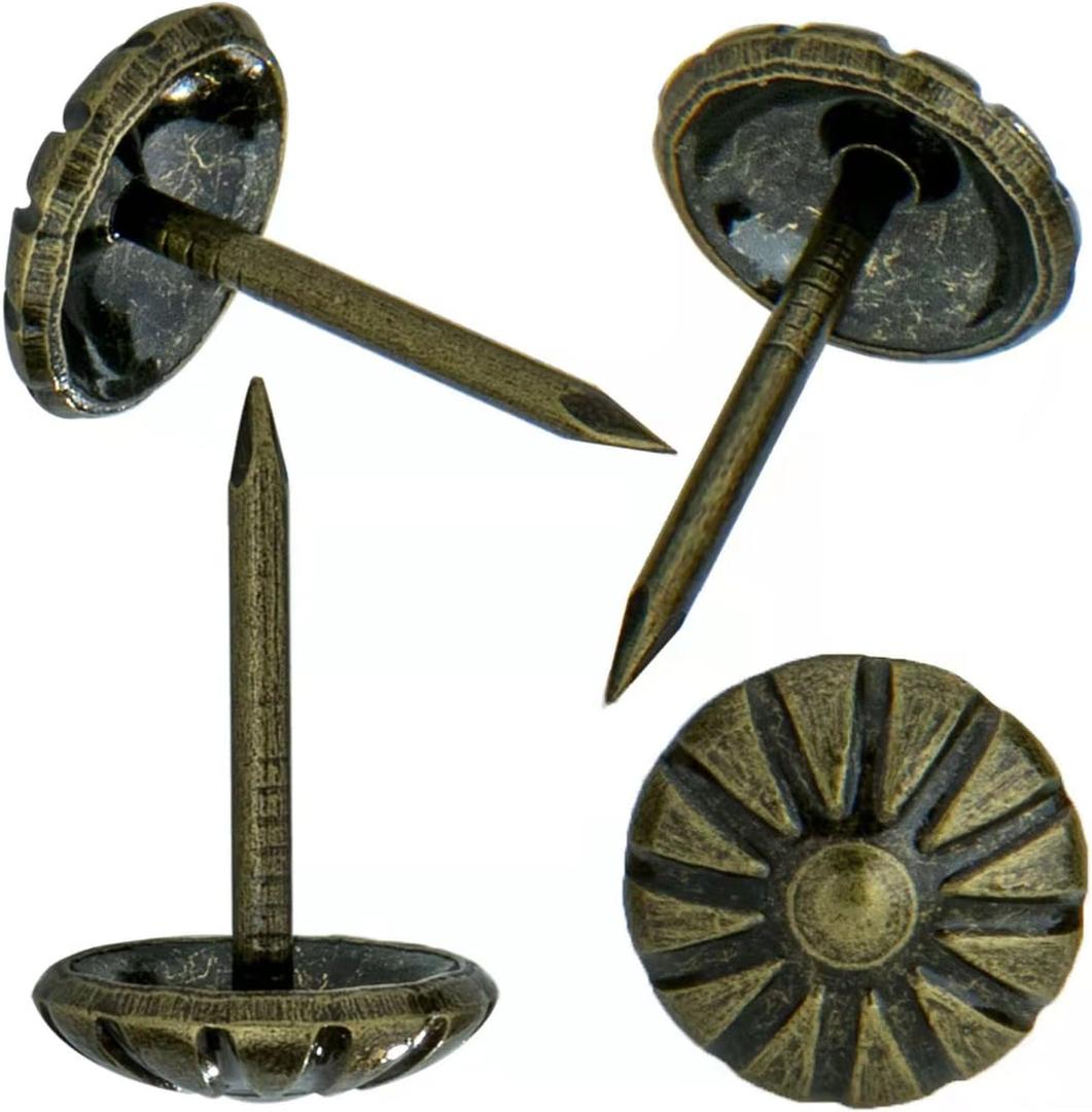 Upholstery Tacks for Decorative, Furniture Tacks Nails for Upholstery Decorative, 7/16 Inch Upholstery Nails for Furniture DIY Decorative, Daisy Upholstery Tacks Antique Brass,300PCS, 11 x 17 mm