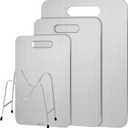 3 Pcs 15.4"x11", 13.4"x9", 11.4"x7.9" Stainless Steel Cutting Board with Holder Dishwasher Safe Chopping Boards Kitchen Double Sided Metal Cutting Board for Meat Fruit Vegetable