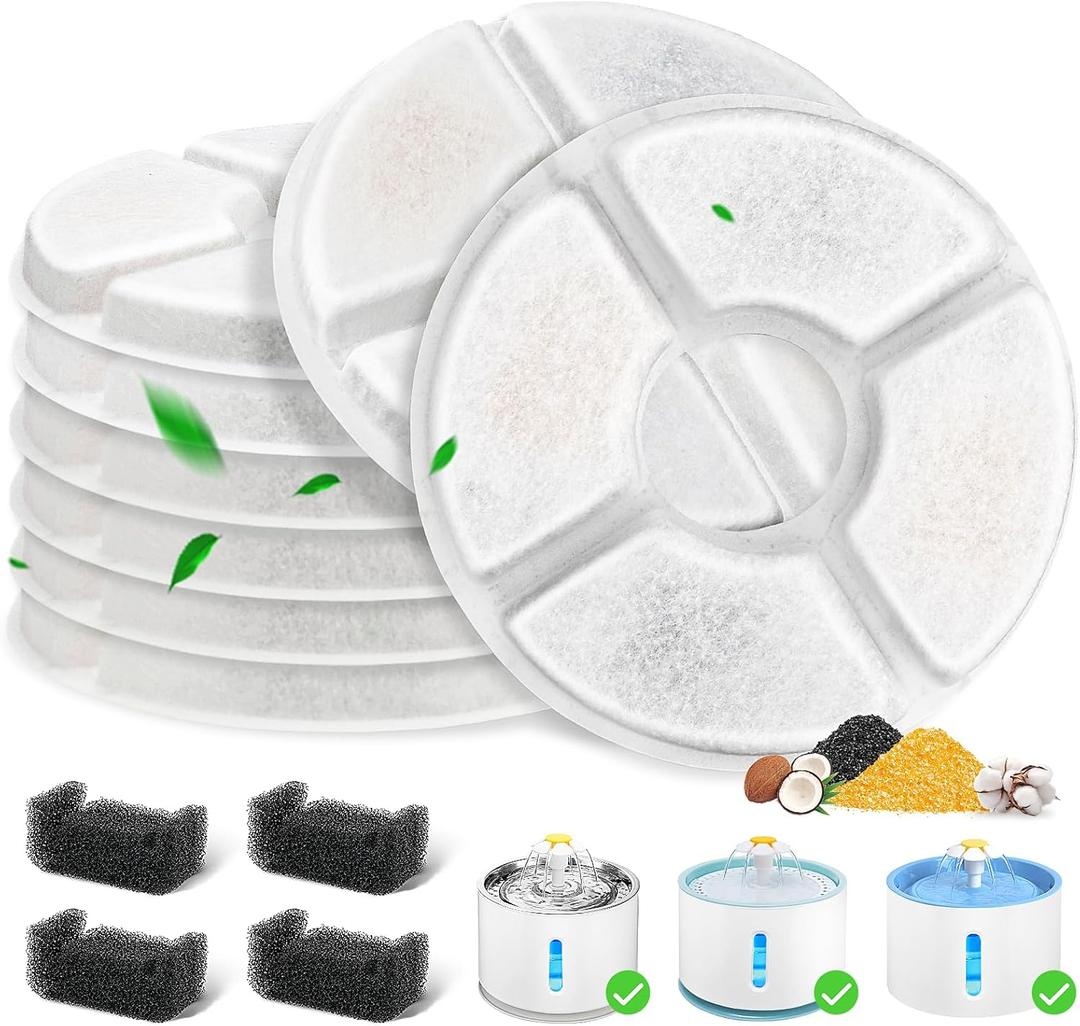 12 Pack Cat Water Fountain Filter, 8 Pcs Cat Fountain Filters Replacement Dia is 5" & 4 Pcs Pre-Filter Sponges for 81oz / 2.4L Round Automatic Pet Water Fountain Dog Dispenser, 3-Filtration System
