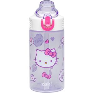 Zak Designs Sanrio Sage Kids Water Bottle For School or Travel, 16oz Durable Plastic Water Bottle With Straw, Handle, and Leak-Proof, Pop-Up Spout Cover (Hello Kitty)