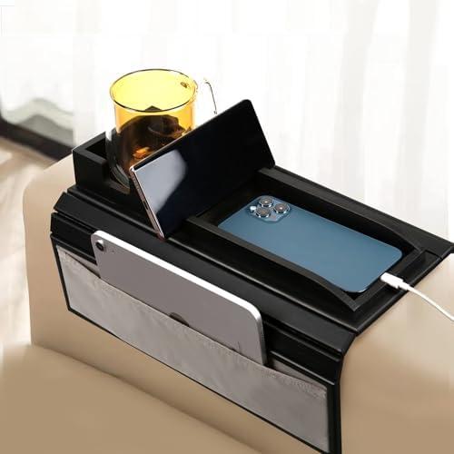 GIIFER Couch Cup Holder Tray，Couch arm Table with Side Storage Pocket，Couch arm Tray with Anti-Slip Design, Natural Bamboo Sofa Tables for Drinks, Snacks, Cup, Remote and Phone—Black