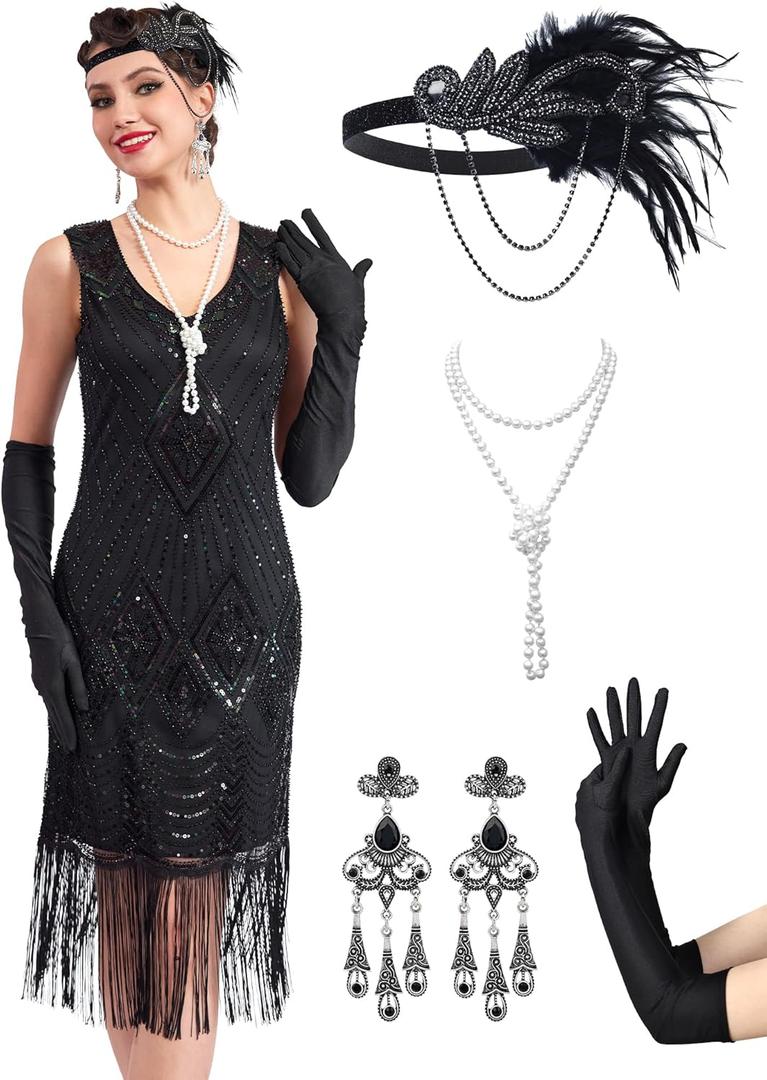 1920s Dresses for Women, Sequin Fringed Gatsby Flapper Cocktail Dresses with 20s Accessories Set, Roaring 20s Costumes (Black)