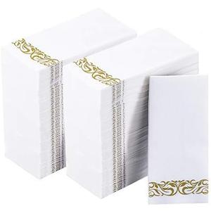 200 Disposable Hand Towels Soft and Absorbent Linen Feel Dinner Napkin Durable Decorative Bathroom Hand Napkins Good for Kitchen, Parties, Weddings, Dinners or Events White and Gold