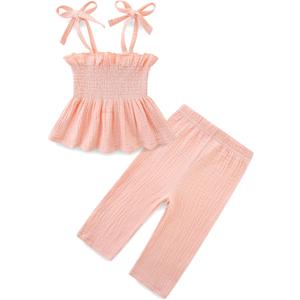 Toddler Girls Summer Outfits Clothes Sleeveless Pant Set Solid Color 100% Cotton Strap Ruffle Baby Clothes 6M~5T (12~18M, Light Pink)