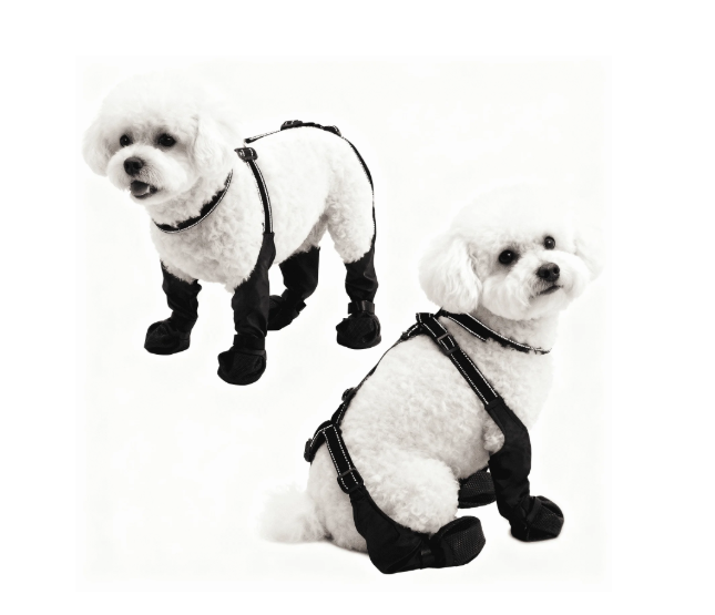 BECROWM Waterproof Dog Boots for Small/Medium Dogs Dog Paw Protectors Dog Suspender Boots AntiSlip Pet Shoes for Outdoor Walking, Reflective StayOn,DirtProof Comfortable Booties (Black, Small)