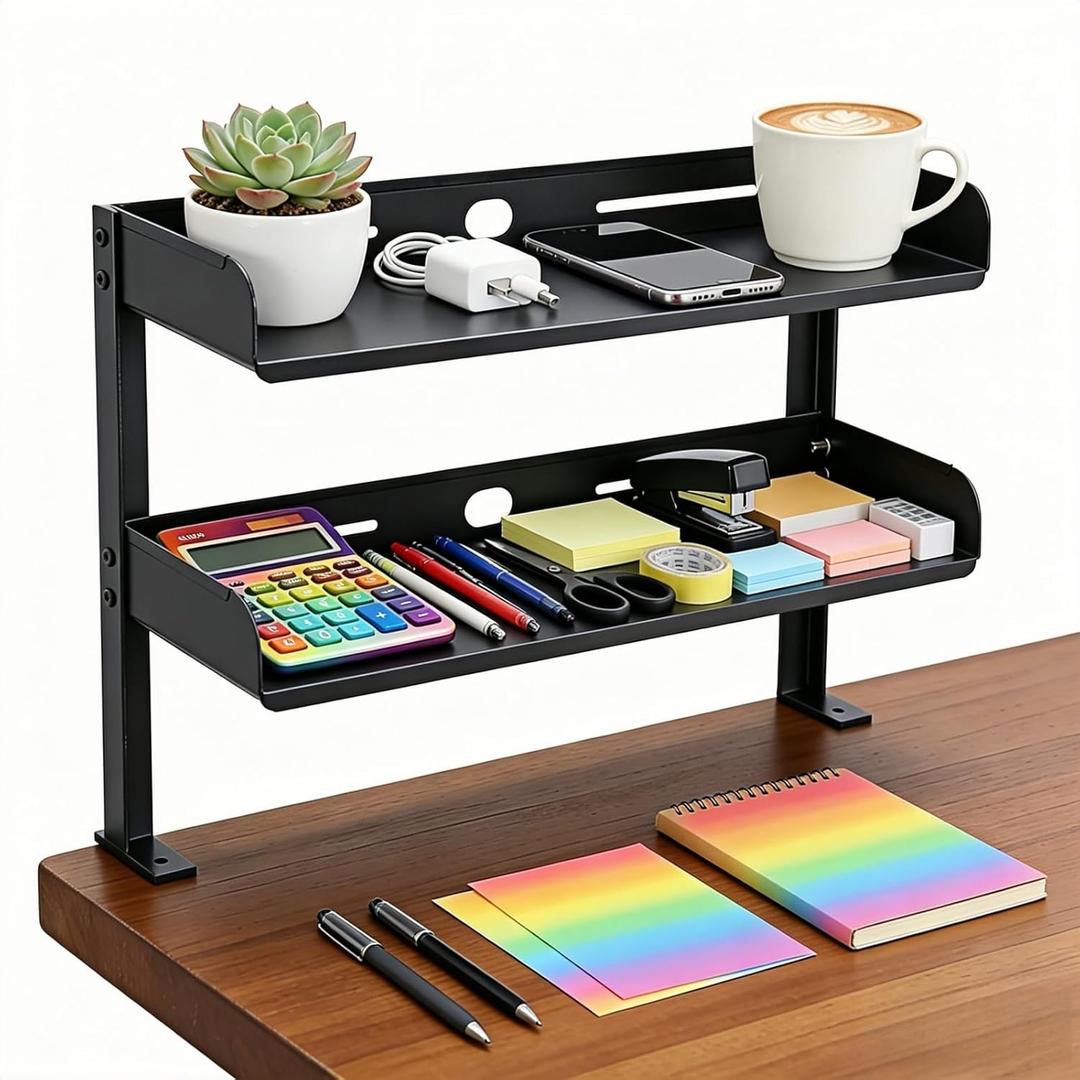 CanKing Clamp Desk Shelf 2 Layer Clip On or Under Table Organizer, Black, 15 inch