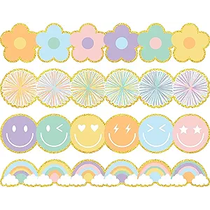 Whaline 60Pcs Bulletin Board Borders Back to School Pastel Colorful Preppy Firework Poms Happy Face Boho Flower Rainbow Border Trim with Gold Edge for Home Classroom Party Wall Decoration