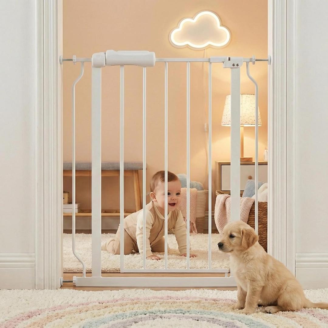 Narrow Baby Gate for Stairs 25-28 Inch Dog Gate for Doorways Hallway, Pressure Mounted Walk Through Gates, Indoor Safety Child Gates for Kids or Pets White