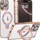 Compatible with iPhone 16 Pro Case with Magnetic Ring Stand [Camera Len Protectors][Compatible with Mag-Safe] Clear Plating Phone Case for iPhone 16 Pro 6.3",Desert Gold