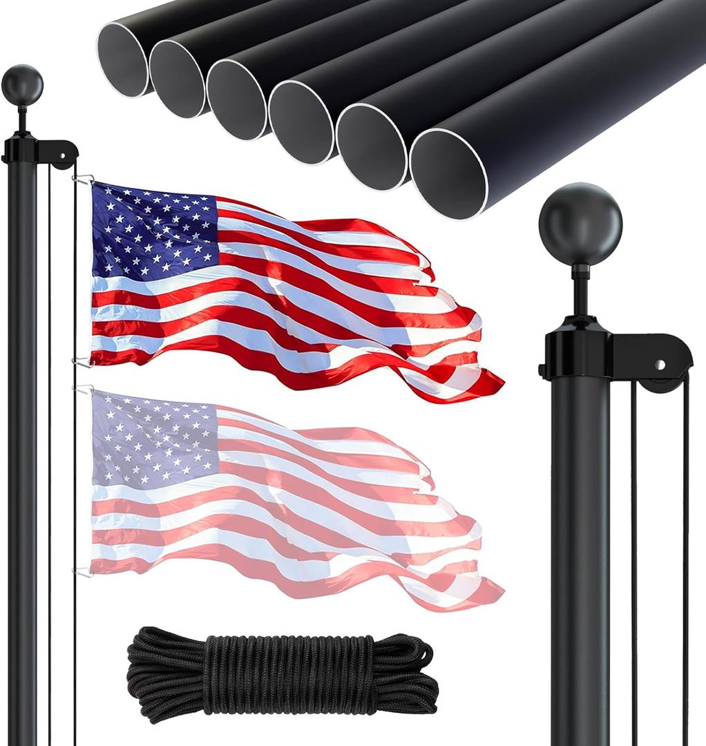 NELXINJO 25FT Sectional Flag Pole Kit, Heavy Duty Aluminum Outdoor In-Ground Flagpole, Black Ball Top, 3x5 USA Flag for Residential Commercial Outdoor Garden(25FT, Black)