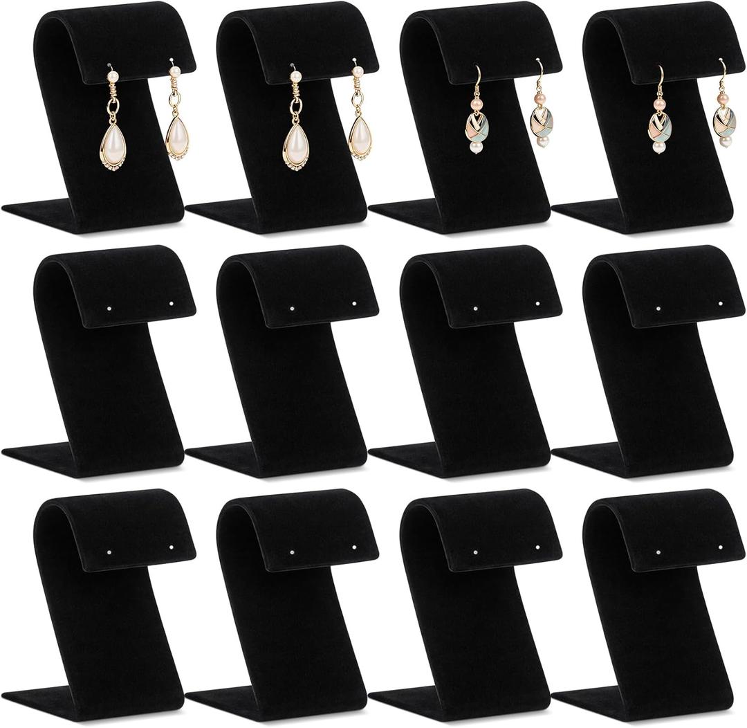 RattanView 12 Pieces Velvet Earring Display Stand Necklace Pendant Jewelry Stand Showcase Organizer Display Holder for Earring Pendant Accessory Rack (Curved Style,Black)