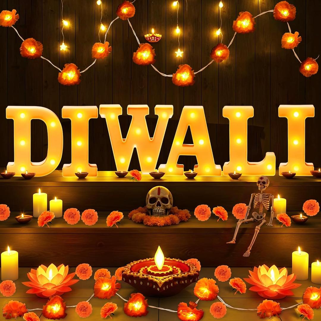 28Pcs Diwali Light Up Letters, 6.3 Inch LED Letters Diwali Decor with LED Artificial Lighted Marigold Garland, Mandir Decoration for Indian Hindu Puja Party Festival Gifts(battery not included)