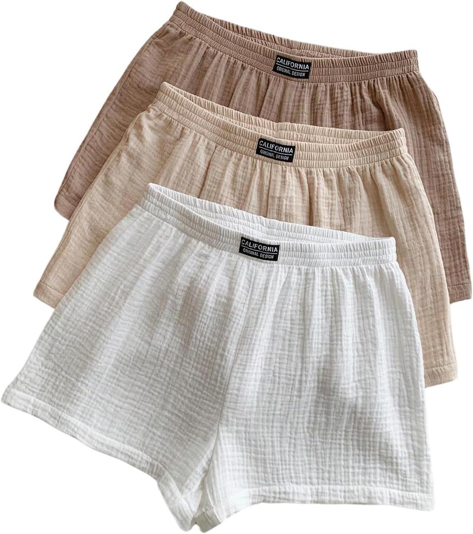 SOLY HUX Women's Summer Shorts 3 Packs Elastic Waist Wide Leg Casual Cotton Shorts Sets Beige White Multi X-Large