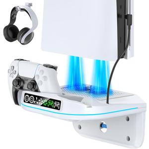 P S5 Wall Mount Kit with Cooling Fan and Charging Station Compatible with PS5/ Slim/ Pro Disc and Digital, PS Five Floating Shelf with 9 RGB Lights, P S5 Mount Behind TV, PS5 Accessories for Gaming (White)