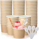 Honeydak 300 Pack 5 oz Kraft Paper Disposable Ice Cream Cups with Spoons Bulk Small Ice Cream Sundae Bowls Treat Dessert Snack Frozen Yogurt Soup Container Wedding Birthday Party Supplies(Brown,White)