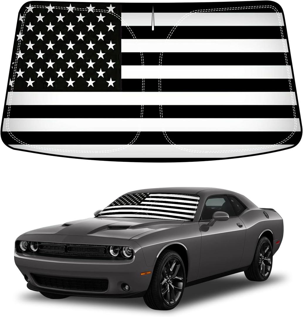 D-Lumina Winshield Sun Shade with USA Flag for 2015-2023 Dodge Challenger, Foldable Front Sun Shield Protector Blocks UV Rays, Window Sunshade Sun Visor Interior Accessories