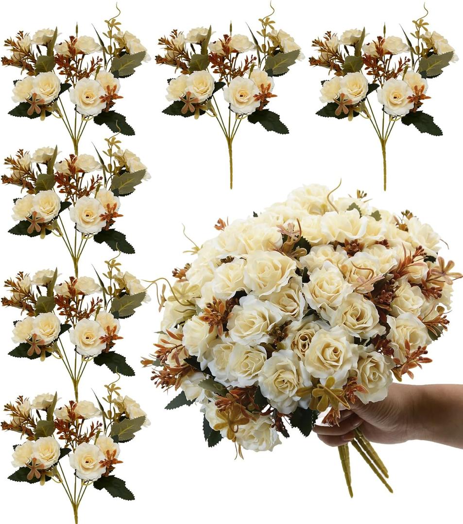 Rose Artificial Flowers Bouquet, 6 Packs Small Roses Flower, 10 Silk Rose Flowers Per Pack, Mini Fake Rose Flower Bunches, Miniature Roses for Decoration Home Wedding Table Centerpieces Decor, White (Autumn Collection in White)