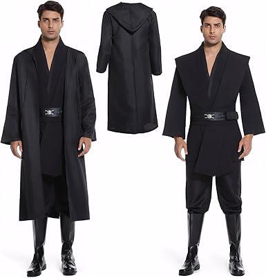 Men's Hooded Robe Tunic Cosplay Costume Knight Cloak Tunic Uniform Pants with Belt Full Set Halloween Outfits Size XL
