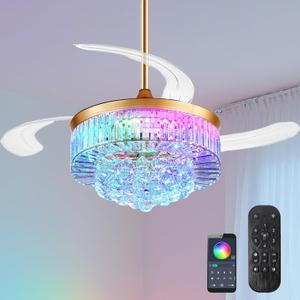 42 Inch Fandelier Ceiling Fans with Light - Retractable Crystal Ceiling Fan and Remote/APP Control, Noiseless DC Motor, RGB Dimmable Lights, Chandelier Ceiling Fan for Bedroom/Living Room Etc