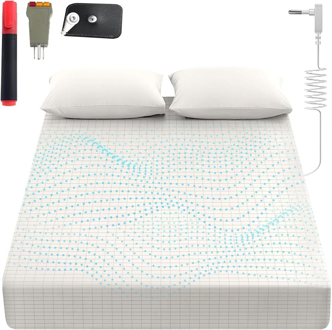 Grounding Sheets King, 90% Organic Cotton+ 10% Pure Silver Fiber,Grounded Bed Sheet Kit, Deep Pocket Grounded Bed Sheet, Relieves Pain - Used for Healthy Sleep Therapy (White, Queen)