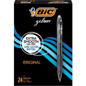 BIC Gelocity Original Black Gel Pens, Medium Point (0.7mm), 24-Count Pack, Retractable Gel Pens With Comfortable Grip