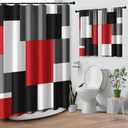 Geometric Red White Shower Curtain Set, Black and Gray Modern Bathroom Window Waterproof Shower Curtain Set for Bathroom Decor