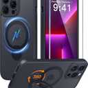 FNTCASE for iPhone 13 Pro-Max Case: [360 Spin Magnetic Stand] [Compatible with Magsafe] [Screen Protector] Translucent Matte Military Grade Shockproof Full Camera Protective Phone Cover - Black