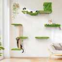 FUKUMARU Cat Wall Shelves, Stable & Safe 5 in 1 Cat Walls Furniture Set, Wooden Kitten Climbing Wall with Scratching Post for 16 Inch Drywall - Green