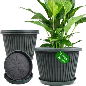 Large-Planter-Indoor-Outdoor Plant Pots, 16 inch 4 Pack Plastic Flower Pots with Saucer And Drainage Holes, Modern Garden Planters For Planting Medium Large Plants Decorative Resin Garden Pots (Blue Green)