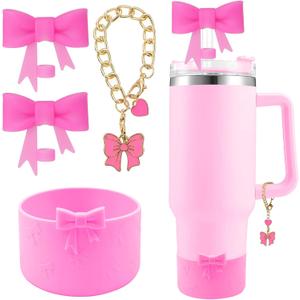 Cup Accessories Set for Stanley,Including 2Pcs Cute Bow Straw Cover Caps 10mm Reusable Straw Toppers,1Pcs Silicone Boot Sleeve and 1Pcs Handle Charm for Stanley Tumbler 30&40oz,Hot Pink