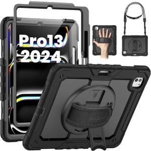 SEYMAC for iPad Pro 13 Inch Case 2024 M4 (7th Generation), Heavy Duty Shockproof Protective Case with Screen Protector, 360 Rotating Stand, Hand/Shoulder Strap and Pen Holder, Black