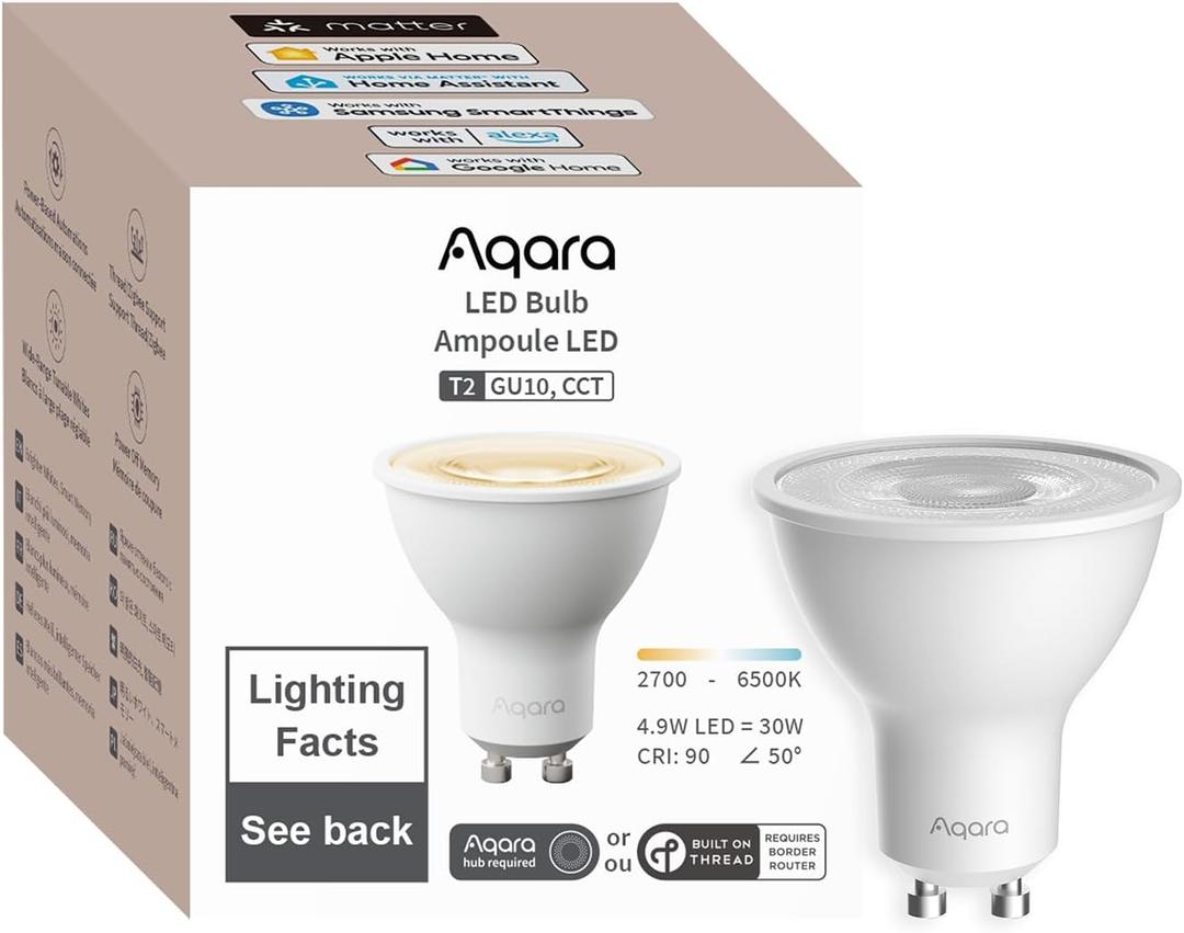 Aqara Thread/Zigbee Smart LED Light Bulb T2 GU10, Tunable White (2700K-6500K),Matter,Works with HomeKit, Alexa, Google