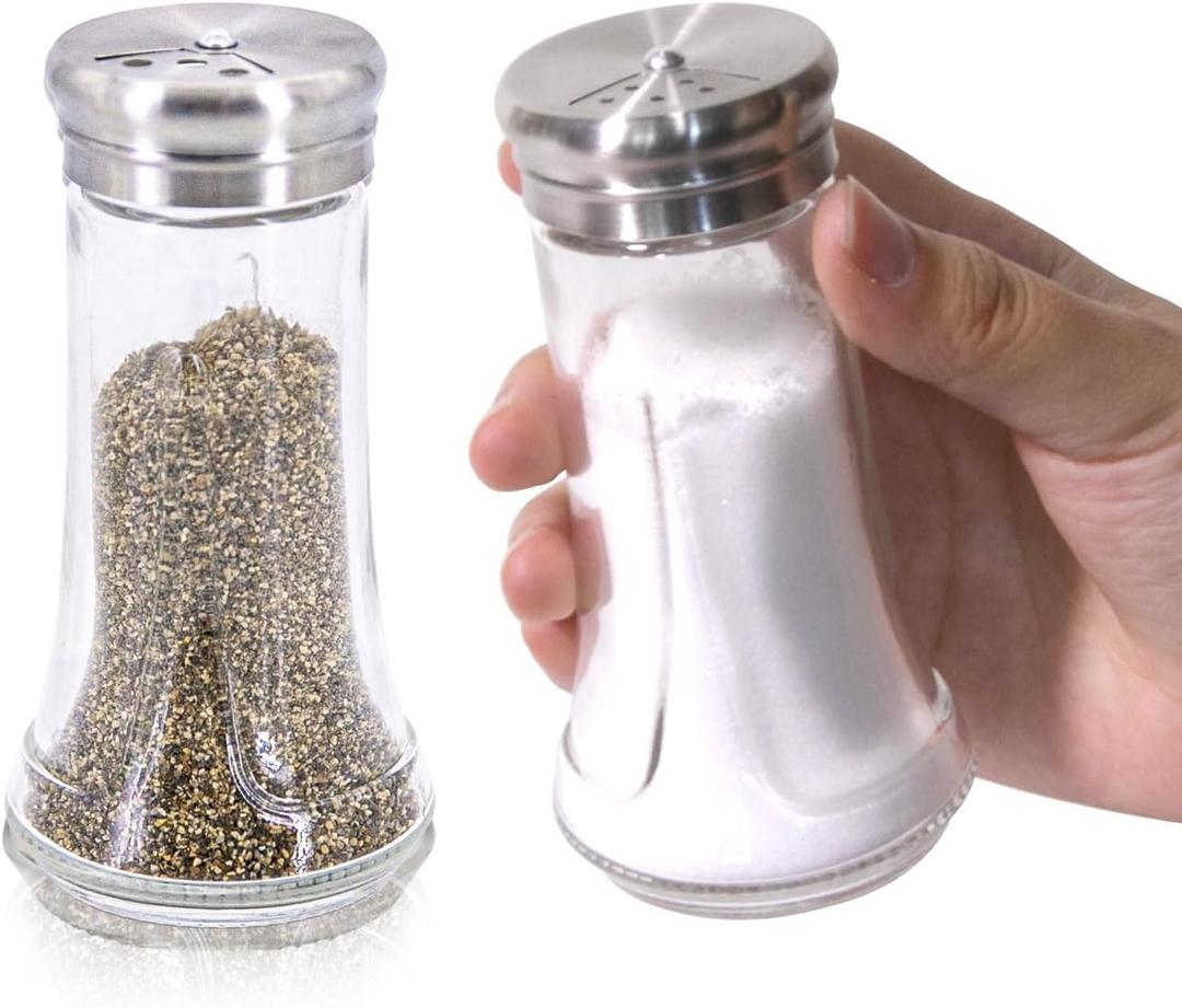Salt & Pepper Shaker Set for Kitchen - 4 oz Clear Glass Salt & Pepper Shakers with Stainless Steel Lid, Adjustable Pour Holes, for Salts, Ground Peppercorn & Spices, Set of 2