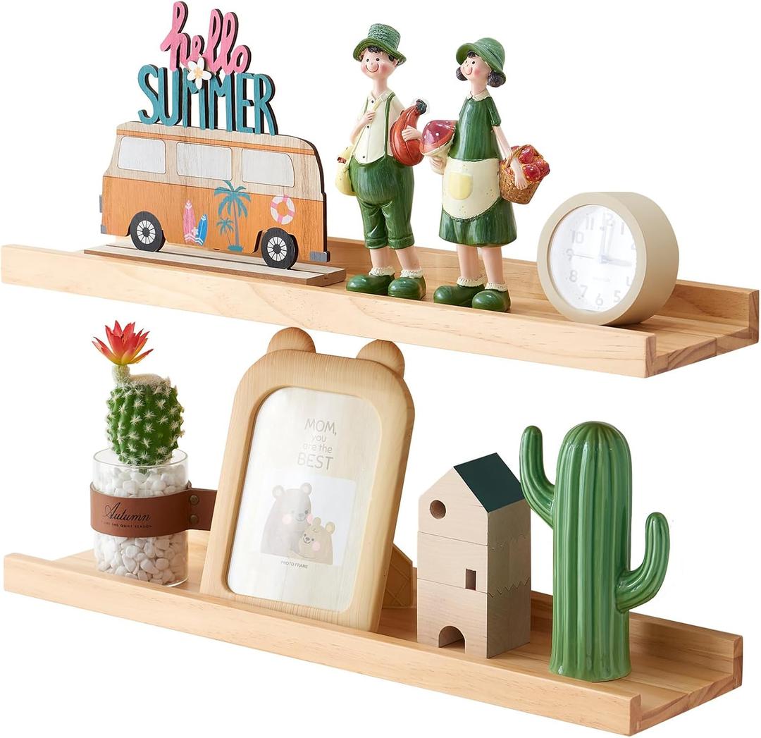 Wood Floating Shelves Set of 2 Pine Wood Wall Shelf 24 inches, Floating Shelf for Wall Mounted - Upgrade Width 5.85", Floating Display Shelves for Living Room Bedroom Kitchen Bathroom, Natural