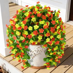 Artificial Fake Hanging Flowers for Outdoors, 2 Pcs Artificial Hanging Plants Outdoors Spring Summer Decor, UV Resistant Faux Violet Silk Flowers for Planters Front Door Yard Garden(Orange Yellow)