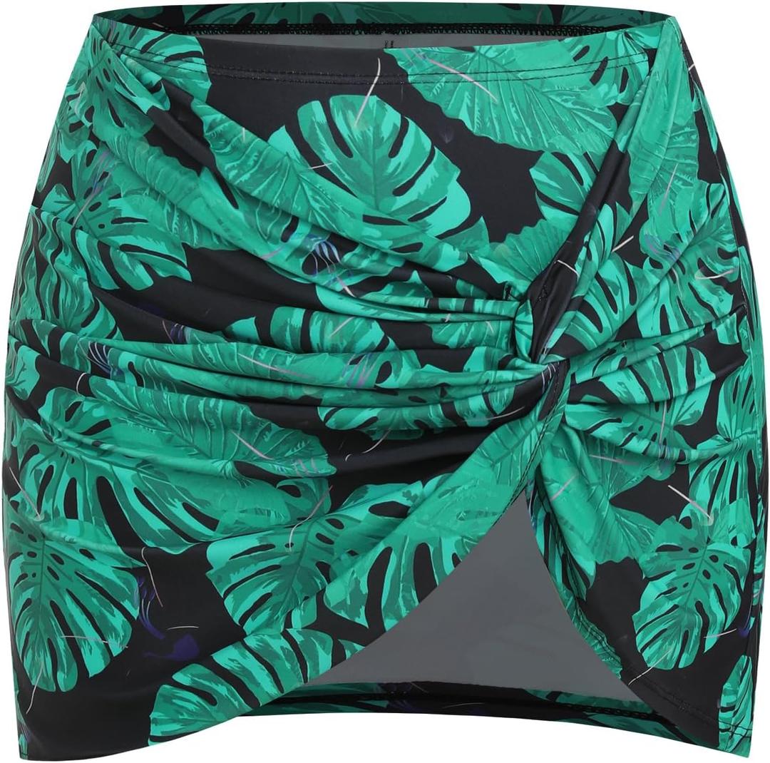 ZAFUL Womens Swim Skirt Twist Bathing Suit Skirt with Build-in Brief Mid Rise Swimsuit Bottom Skort (Size X-Large, 0-black Leaf)